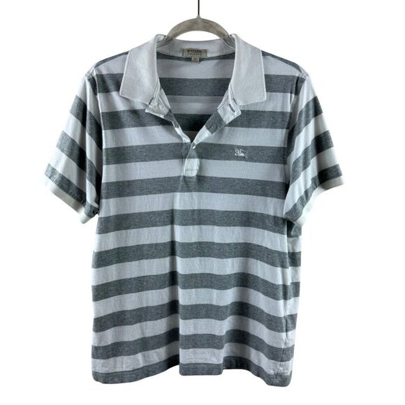 Burberry London Slim Fit Striped Polo Mens XL (Runs Small) Grey White Preppy - Picture 1 of 9